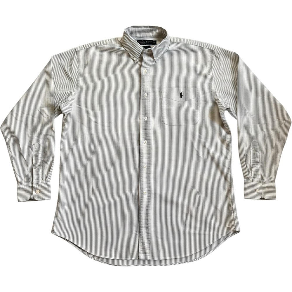 Ralph Lauren Big Shirt Mens Large Blue White Striped Cotton Button Down Pocket
